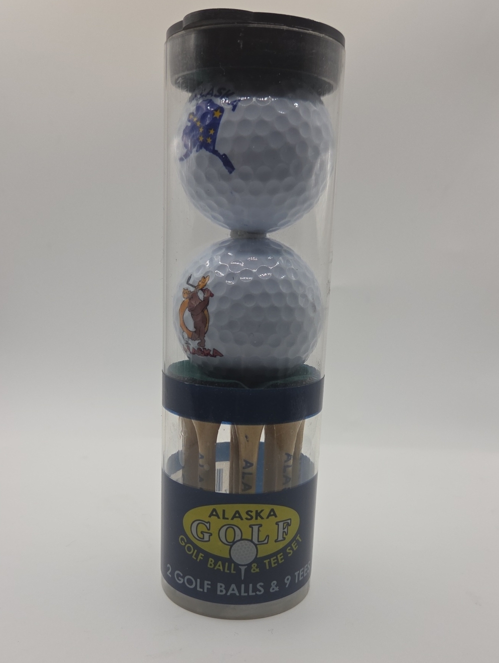 White Golf Balls with Blue and Brown Graphics